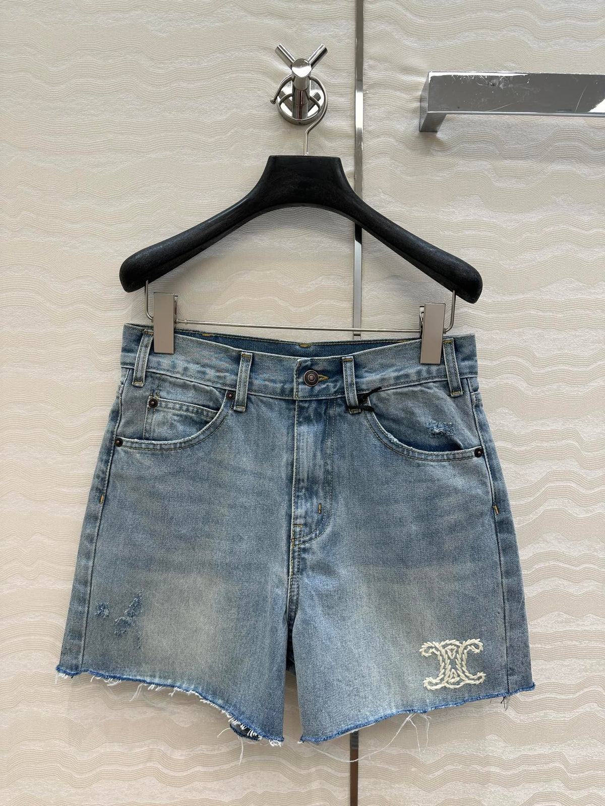 Celine Logo Embroided Denim Short Light Blue Cotton