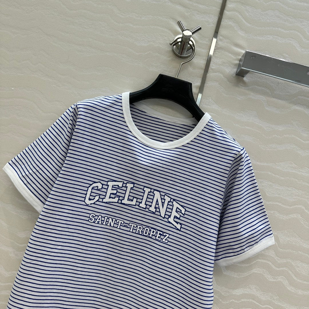 Celine 25 Striped Letter Short-sleeved T-shirt Blue White Cotton