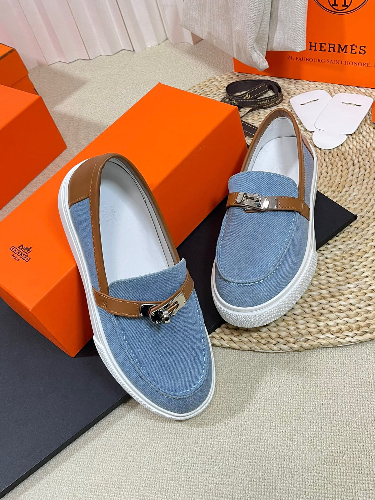 HM Denim Loafer Blue Brown Cowhide Cloth 317047