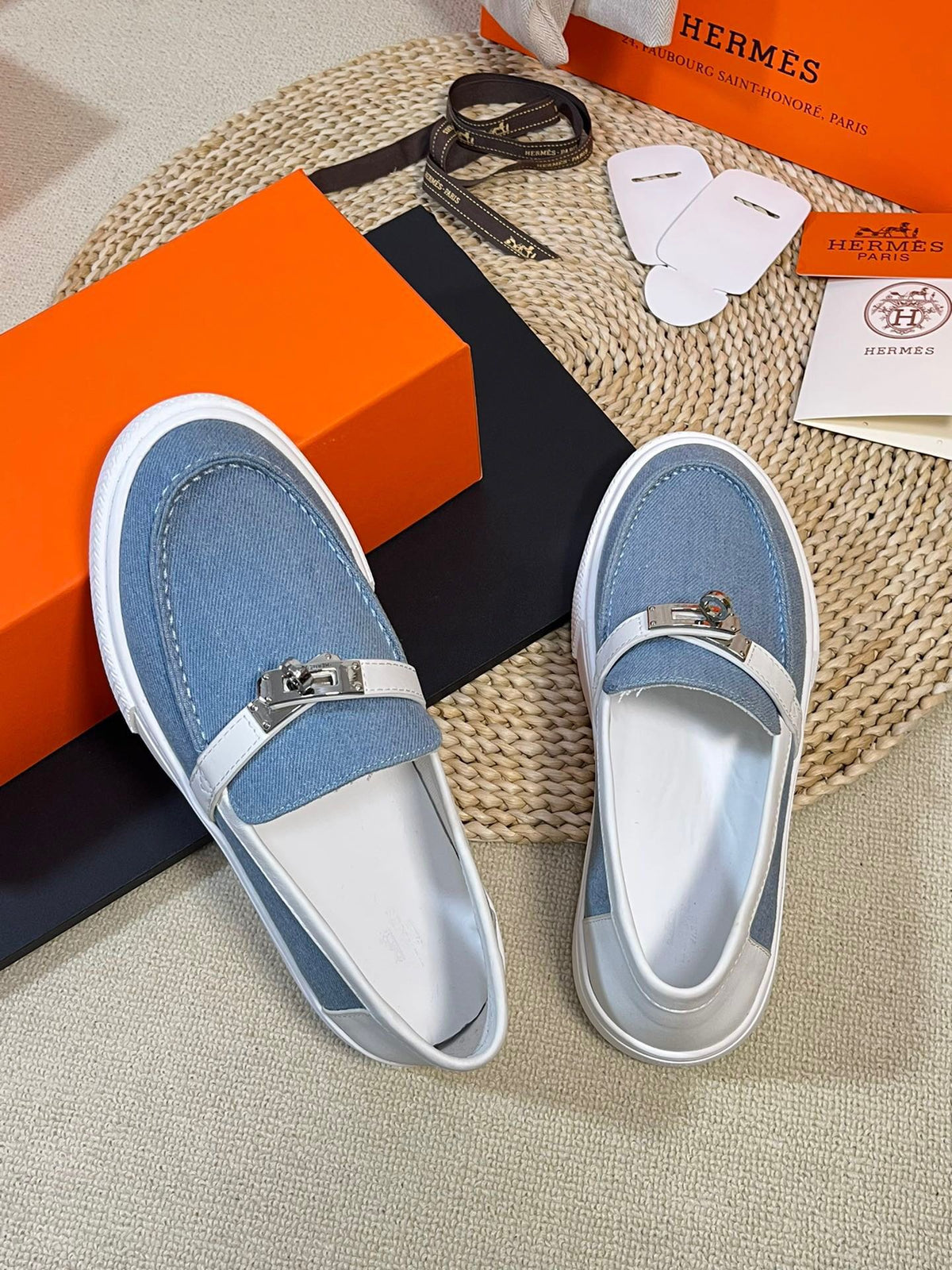 HM Denim Loafer Blue White Cowhide Cloth 317048