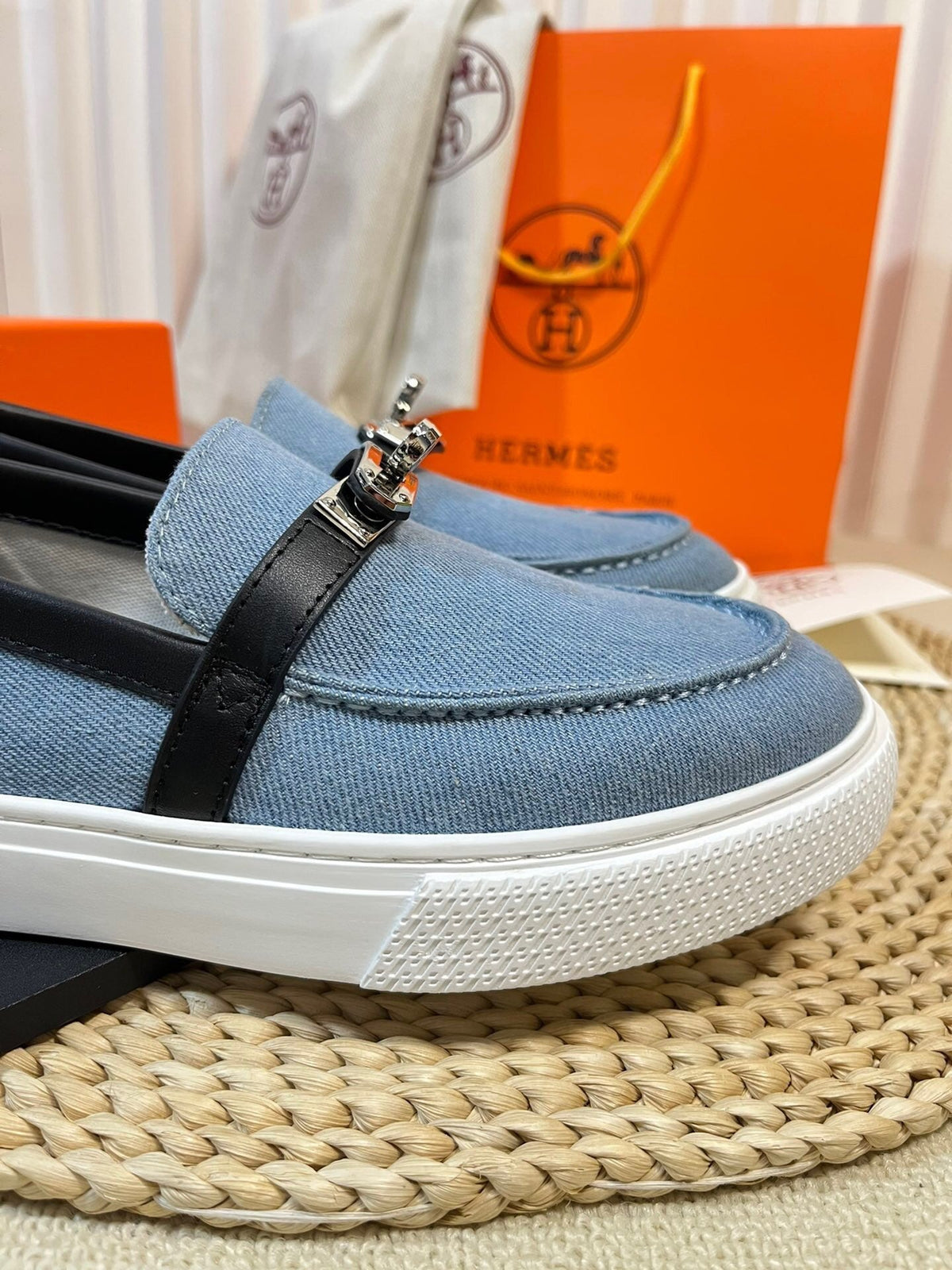 HM Denim Loafer Blue Black Cowhide Cloth 317049