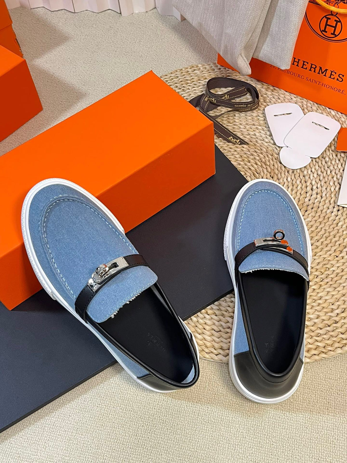 HM Denim Loafer Blue Black Cowhide Cloth 317049