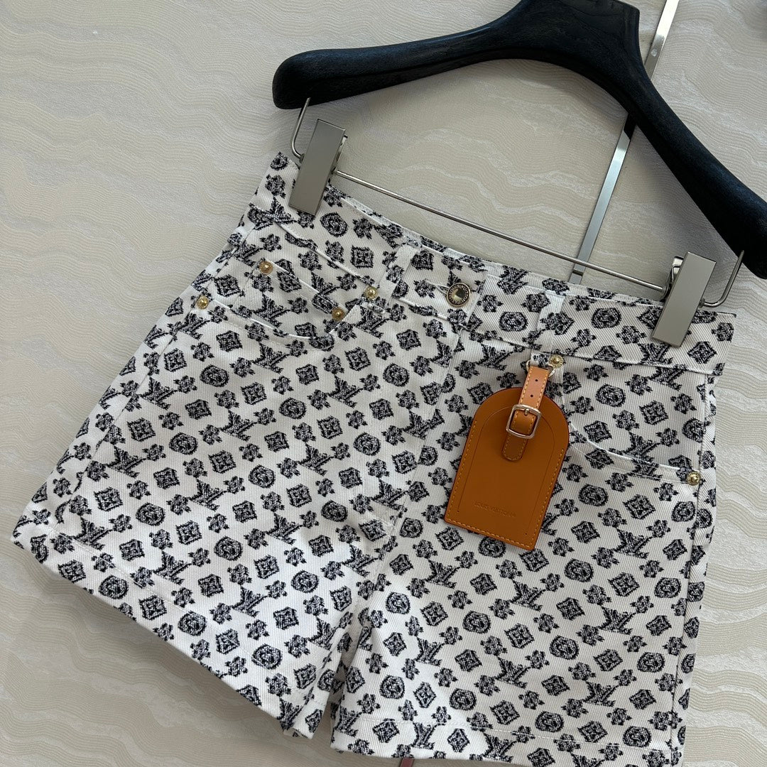 LV 25 Advanced Logo Denim Shorts Black White Poliester