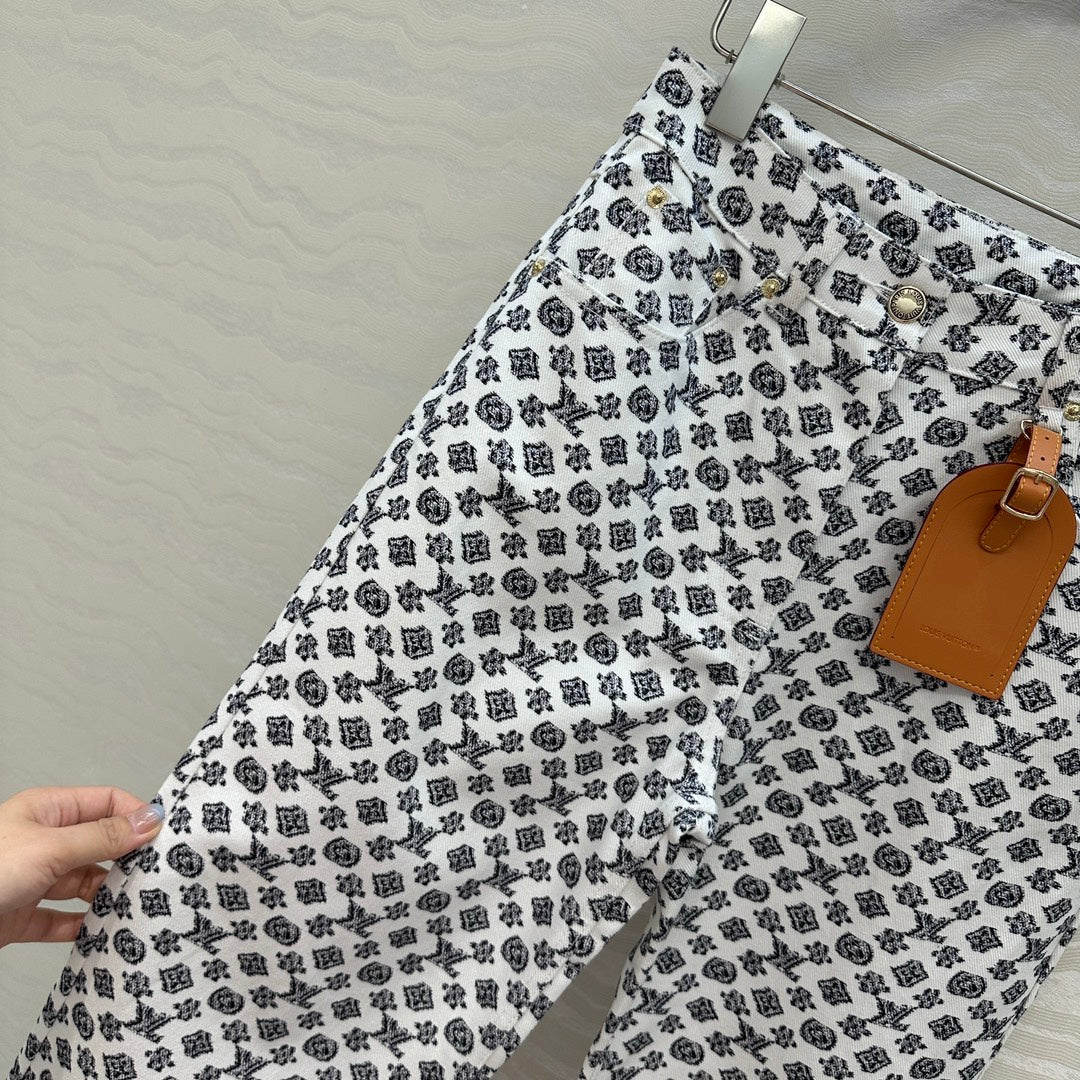 LV 25 Modern Logo Denim Pants Black White Poliester