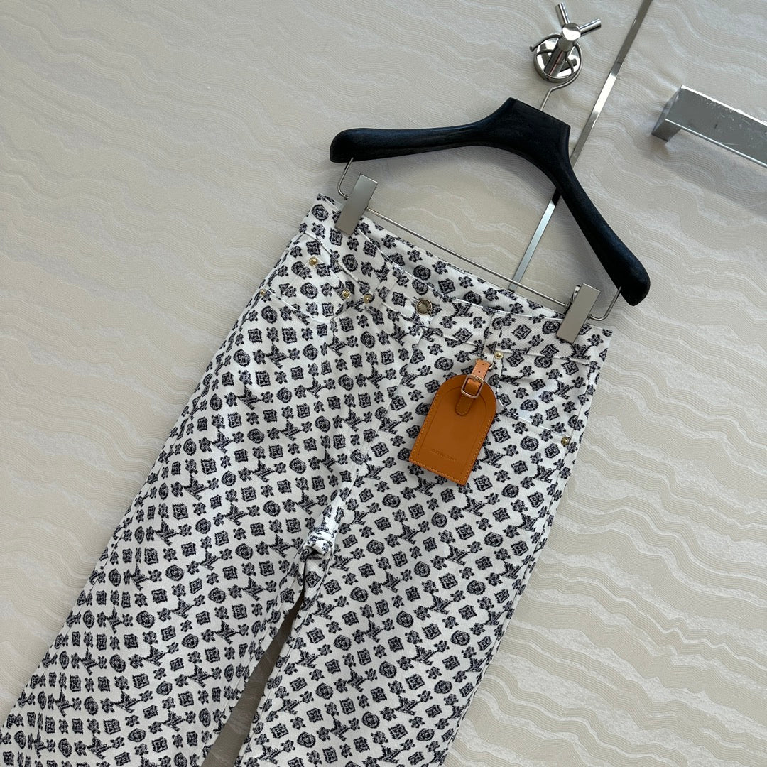 LV 25 Modern Logo Denim Pants Black White Poliester