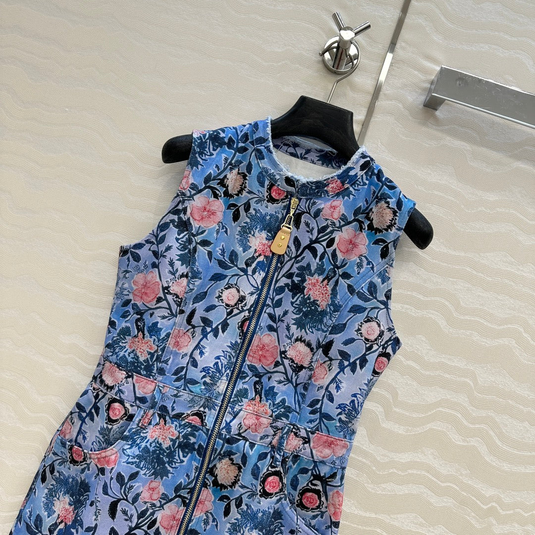 LV 25 Monogram Floral Denim Vest Dress Multicolor Cotton