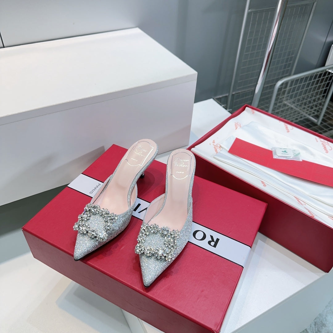 Viv 25 Mules Silver Silk Satin Czech Diamond 330671