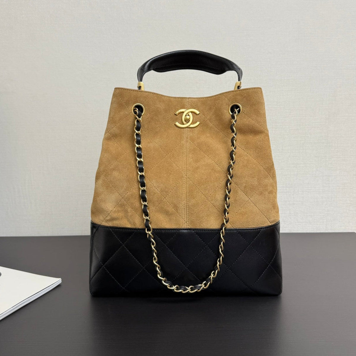 CC 25A Tote 28cm Brown Suede Black Calfskin