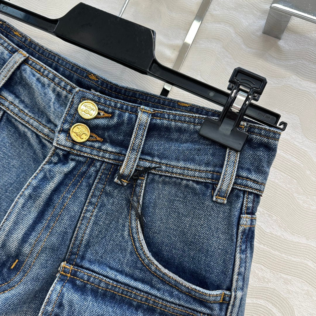 Celine Arc de Triomphe Metal Buckle Denim Shorts Blue Cotton