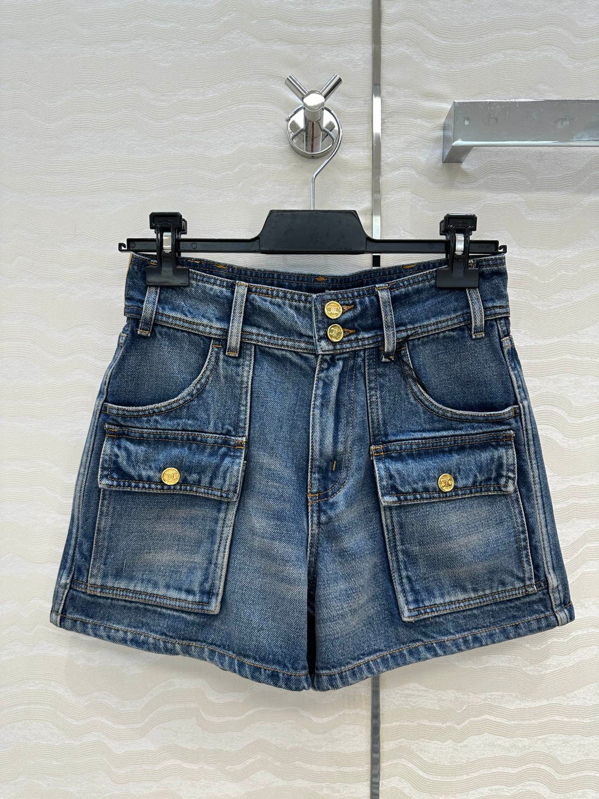 Celine Arc de Triomphe Metal Buckle Denim Shorts Blue Cotton