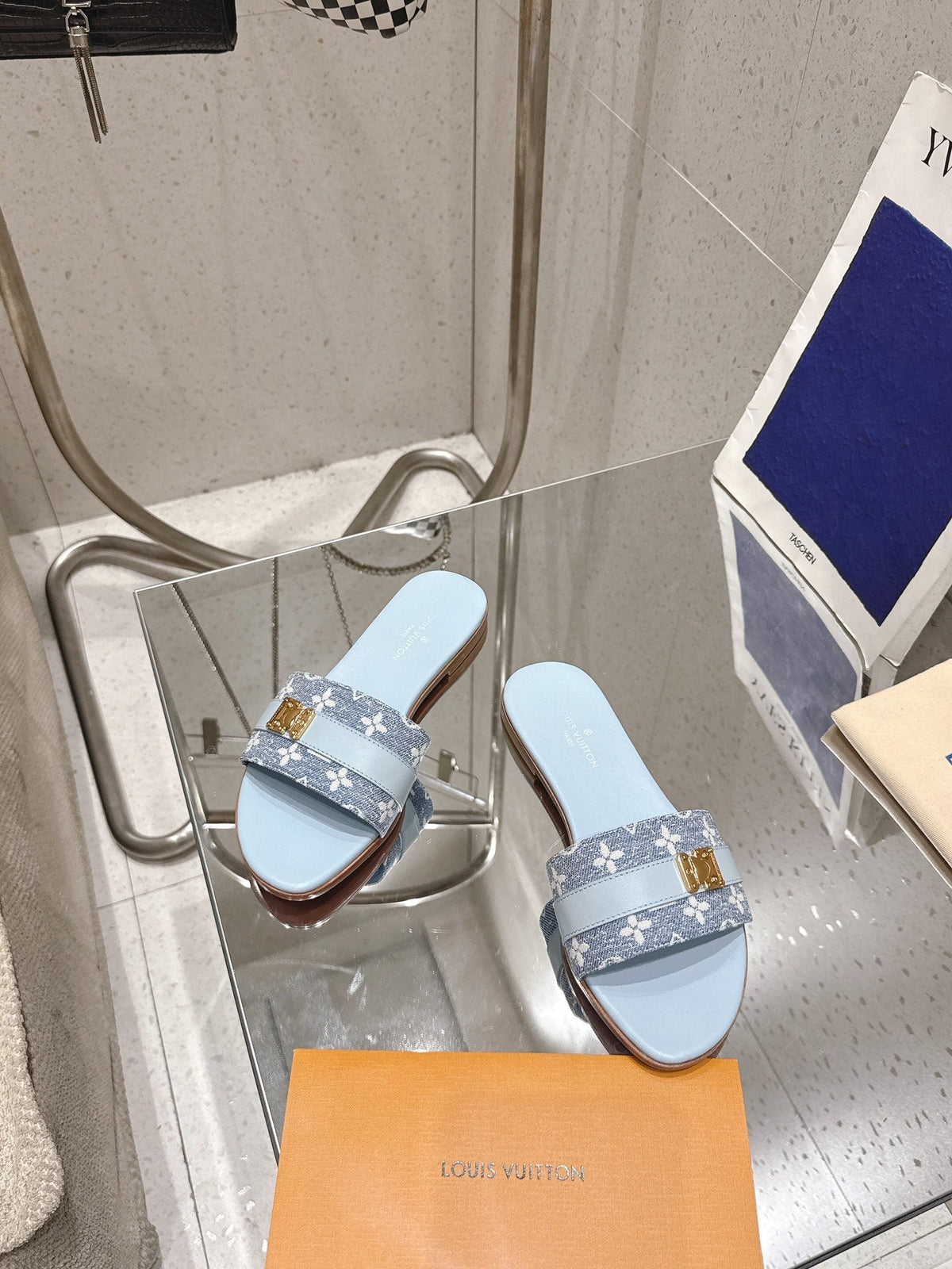 LV Flat Mules pairs raffia baby blue mix denim cowhide 383719