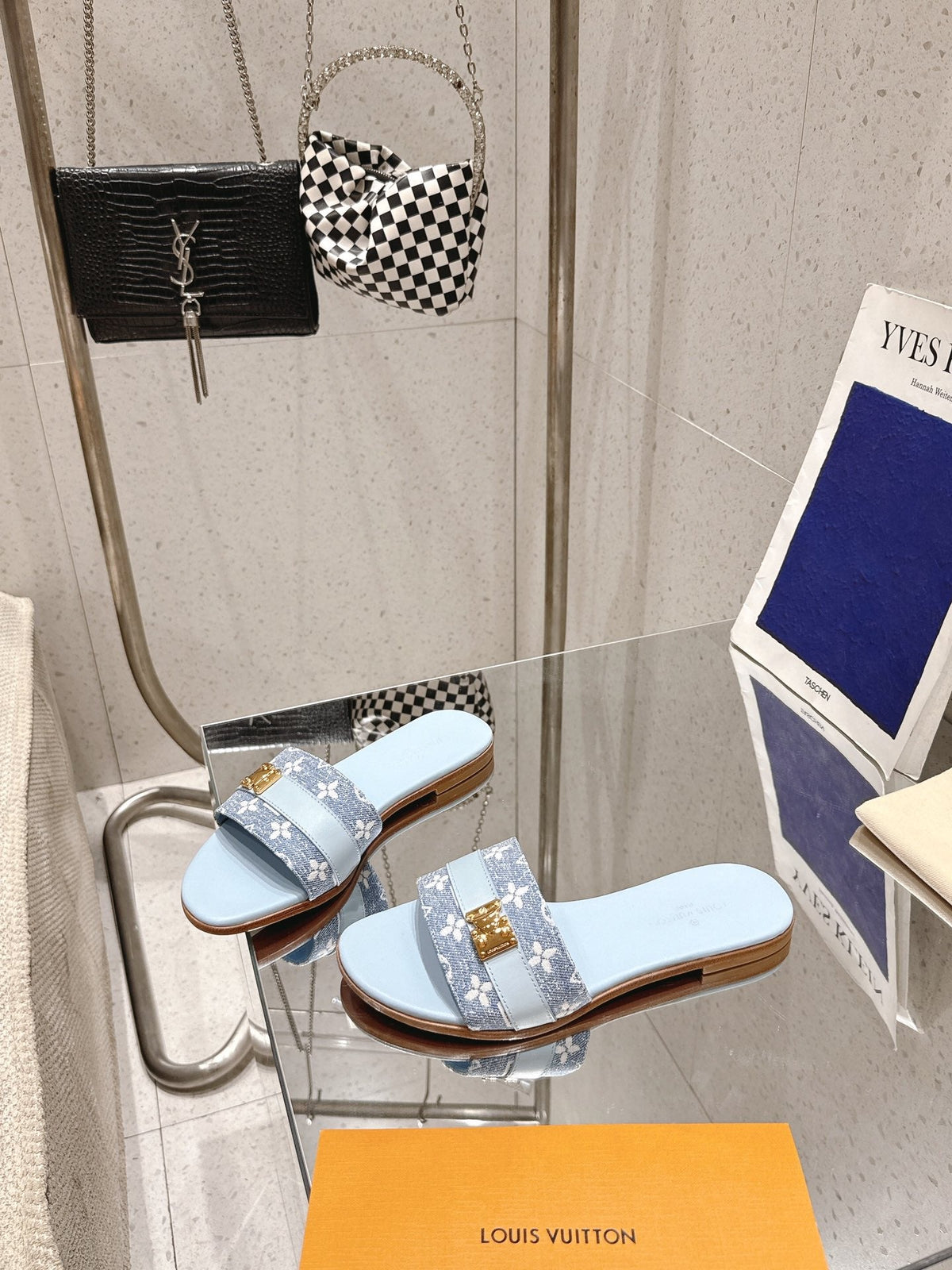 LV Flat Mules pairs raffia baby blue mix denim cowhide 383719