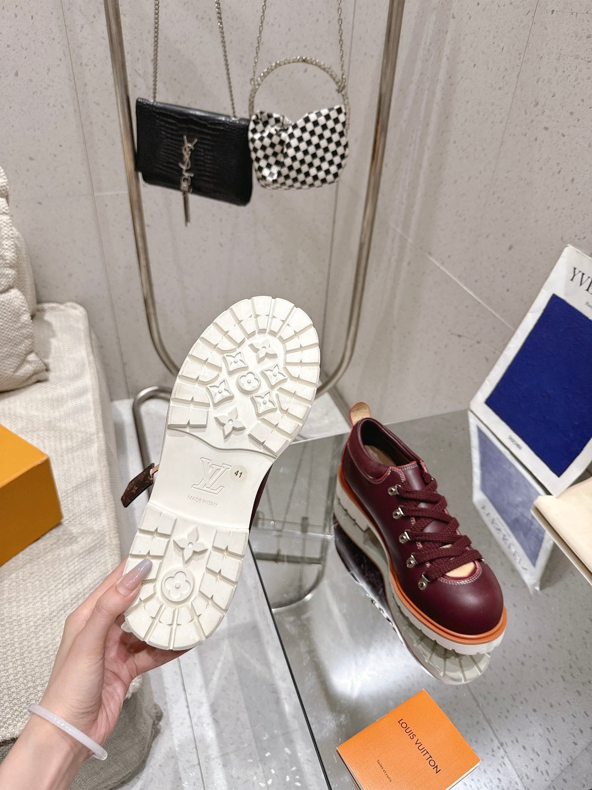 LV Pharrell and Nigo Hiking Shoes  Burgundy Sheepskin 383739