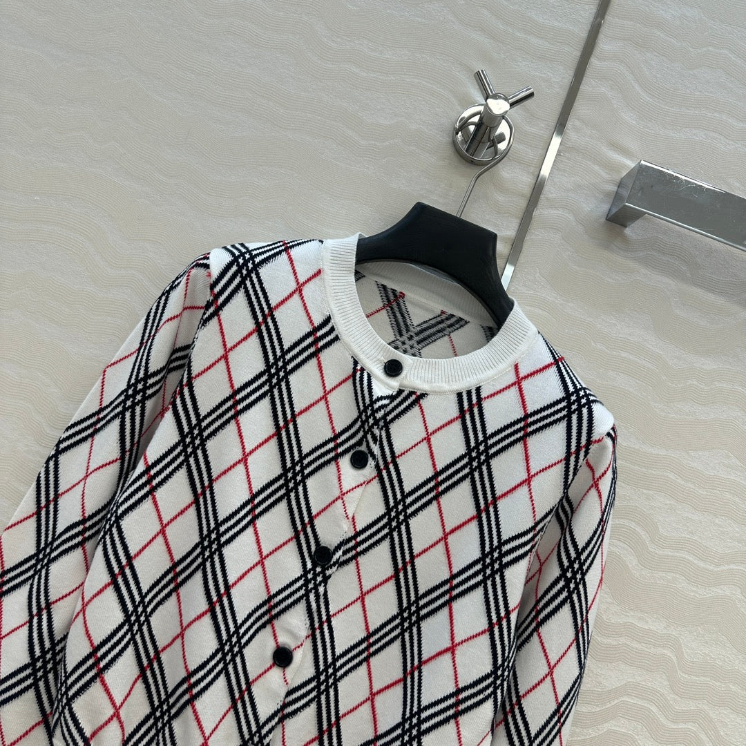 Bur 25 Cardigan White Plaid Wool
