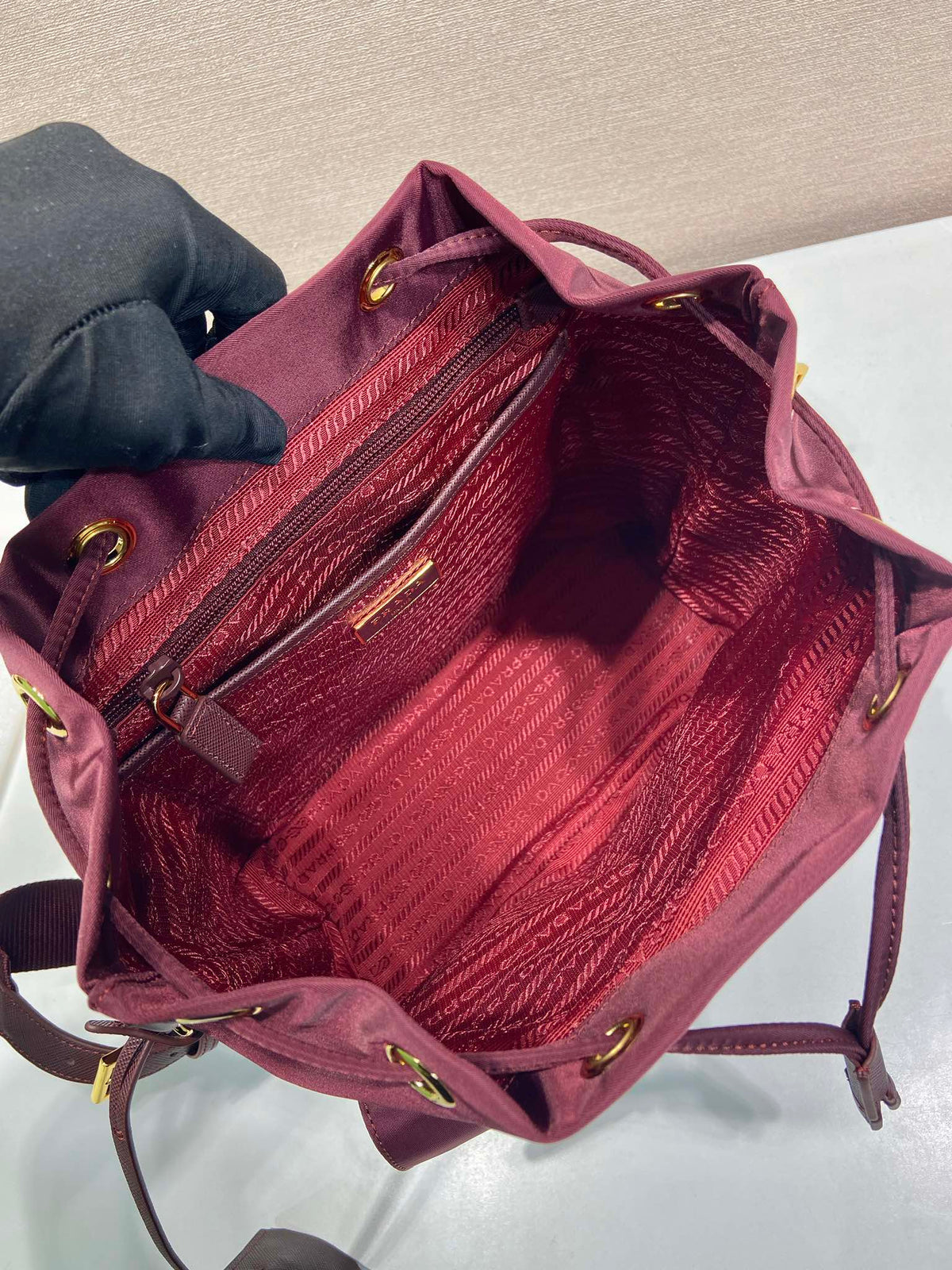 PRA backpack 28 burgundy nylon fabric gold hardware
