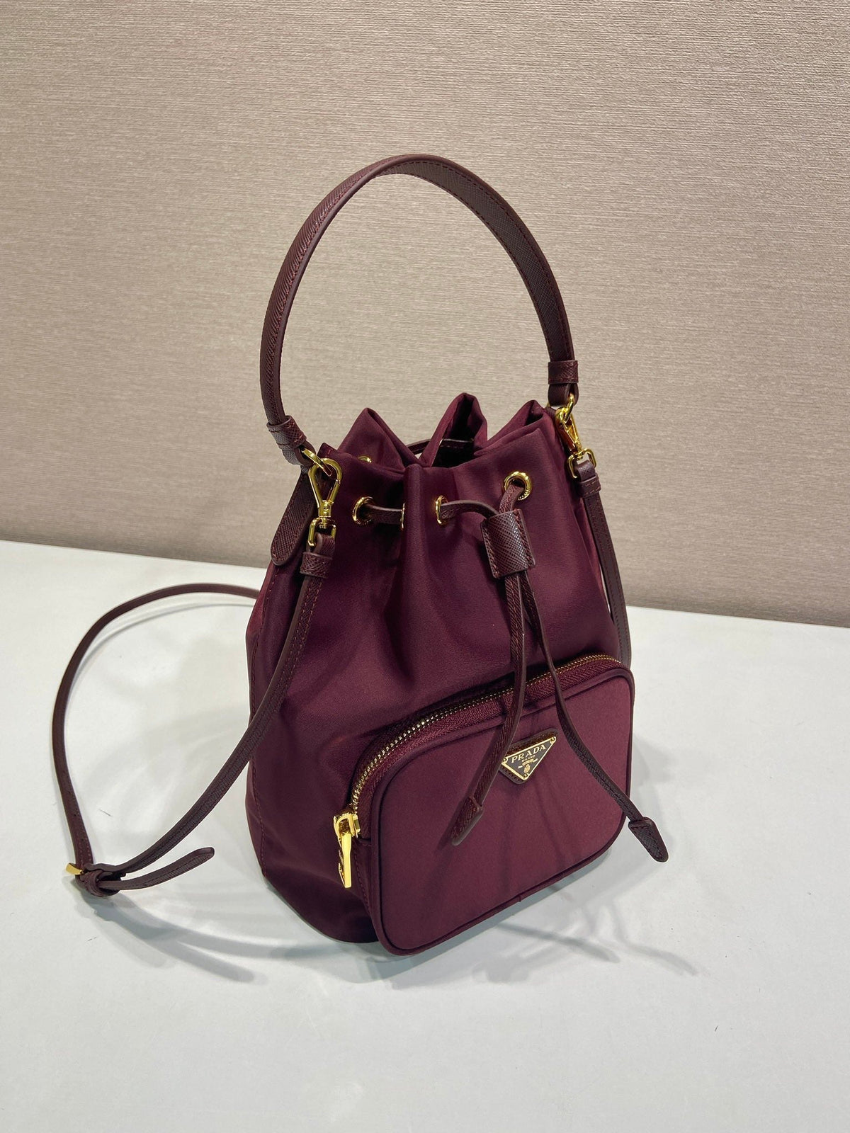 PRA bucket bag 23 burgundy nylon fabric 280826