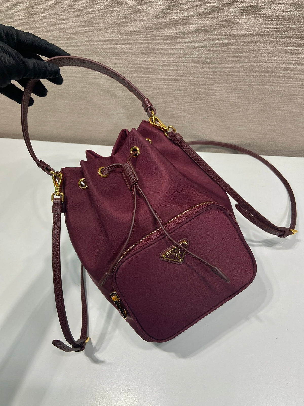 PRA bucket bag 23 burgundy nylon fabric 280826