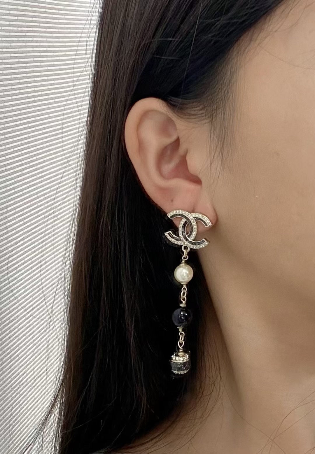 CC Black and Gold Rhinestone Double C Tassel Pearl Earrings