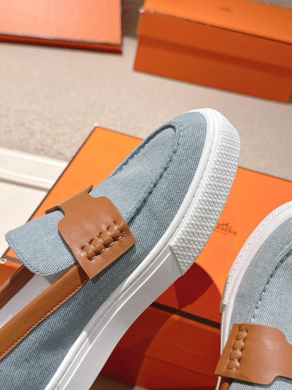 HM 25ss Platform Loafers Light Blue Brown Denim Sheepskin 577170