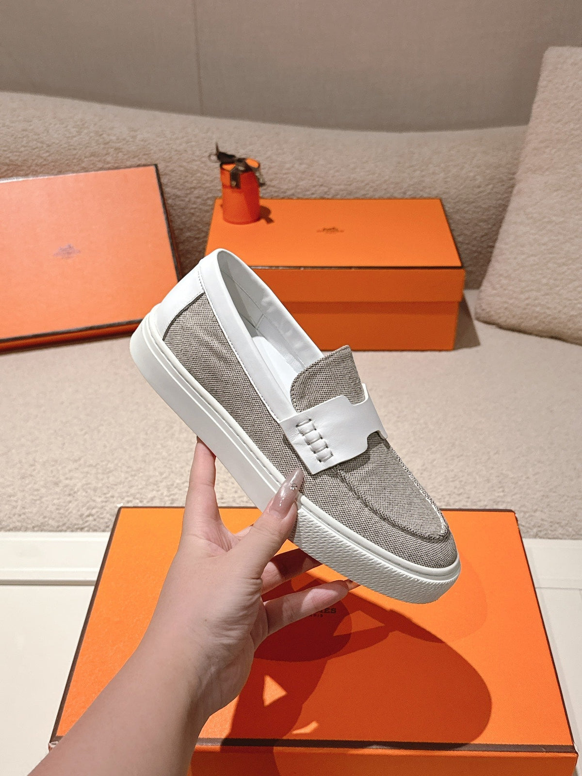 HM 25ss Platform Loafers Gray White Denim Cowhide 577167