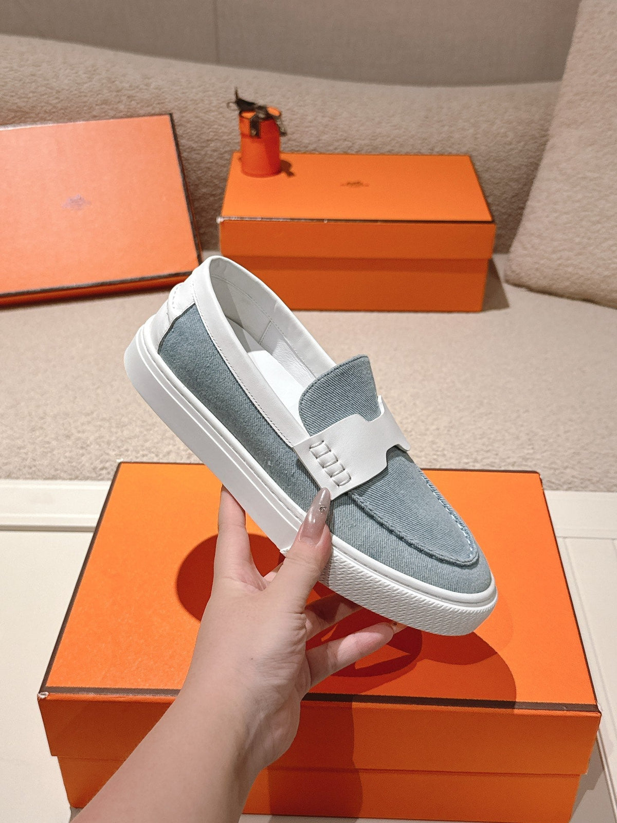 HM 25ss Platform Loafers Light Blue White Denim Sheepskin 577169