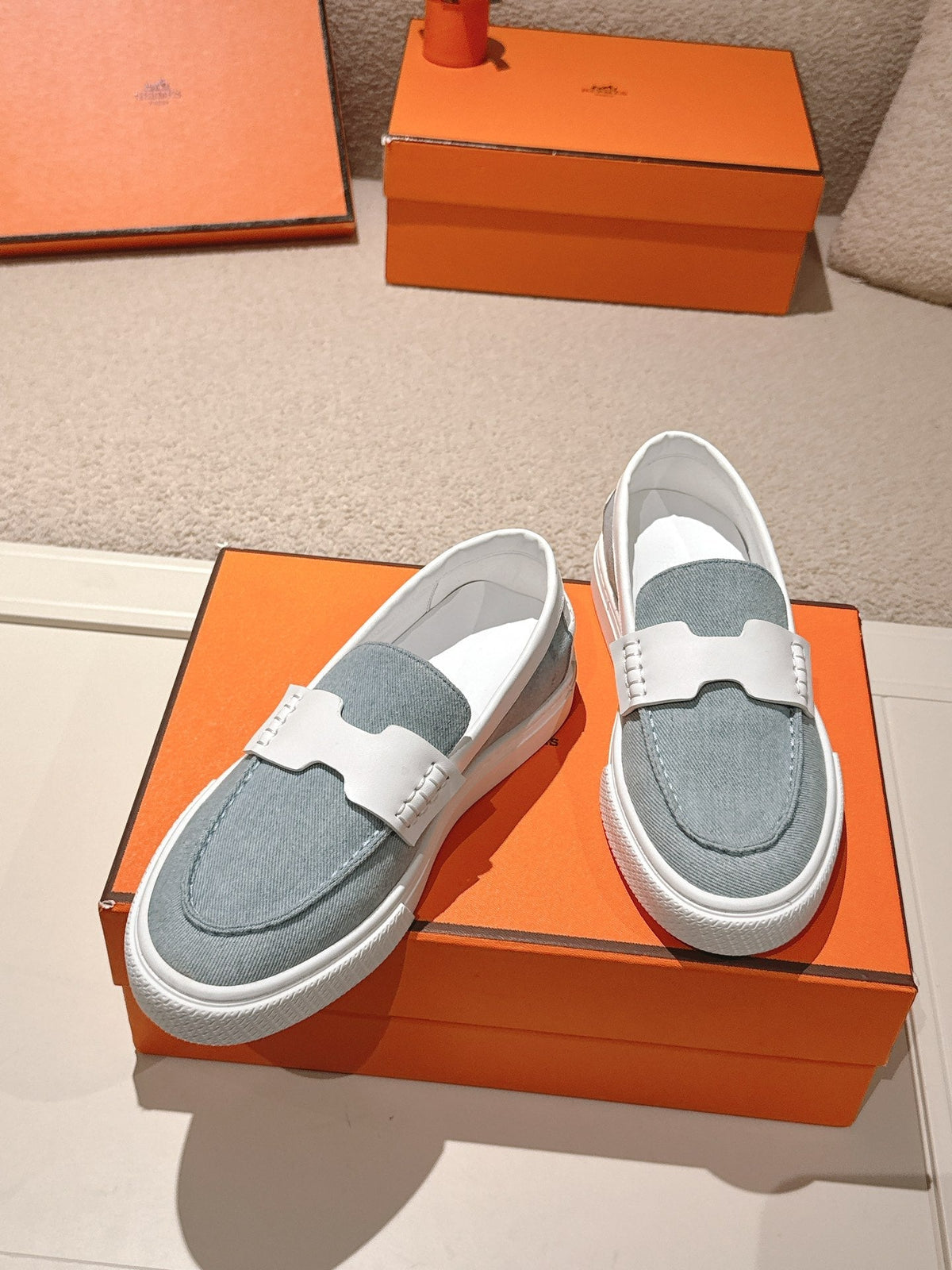 HM 25ss Platform Loafers Light Blue White Denim Sheepskin 577169