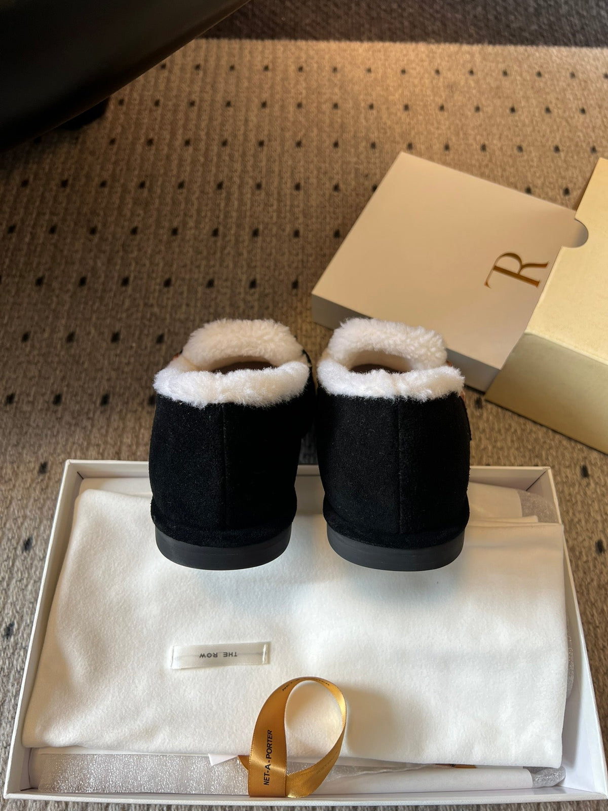 The Row 2025 Shearling Loafer Black White Suede Wool 561601