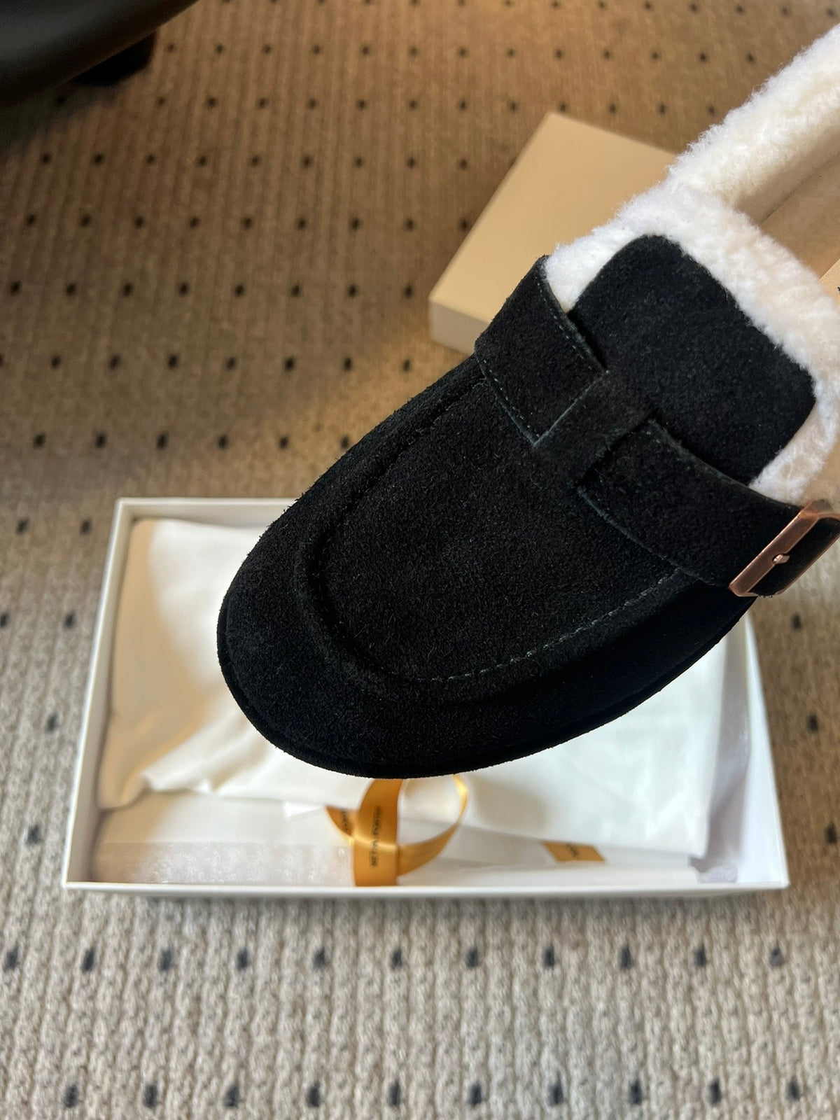 The Row 2025 Shearling Loafer Black White Suede Wool 561601