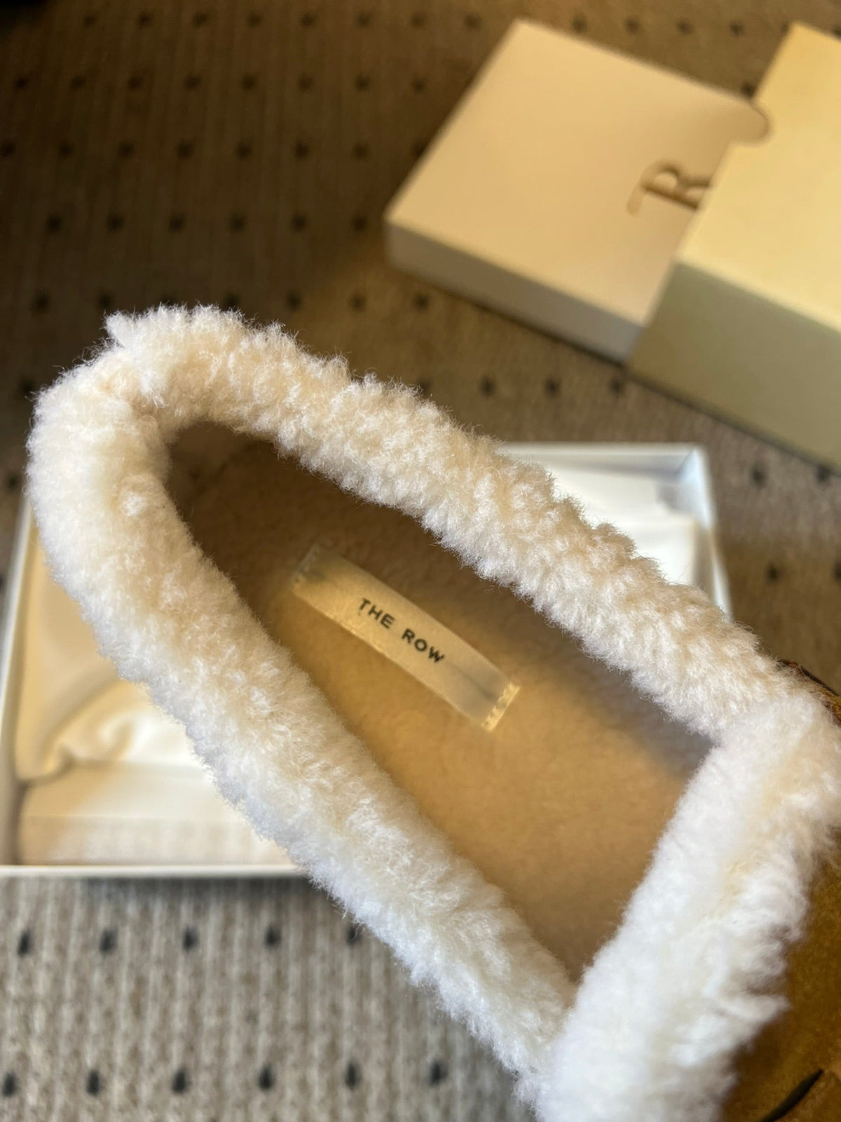 The Row 2025 Shearling Loafer Tan White Suede Wool 561603