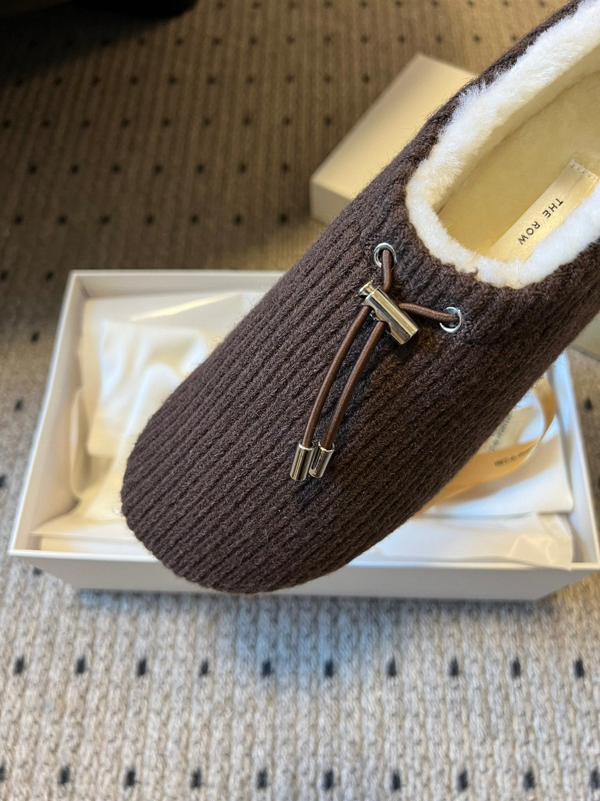 The Row 2025 Striped Furry Slipper Brown White Wool 561637