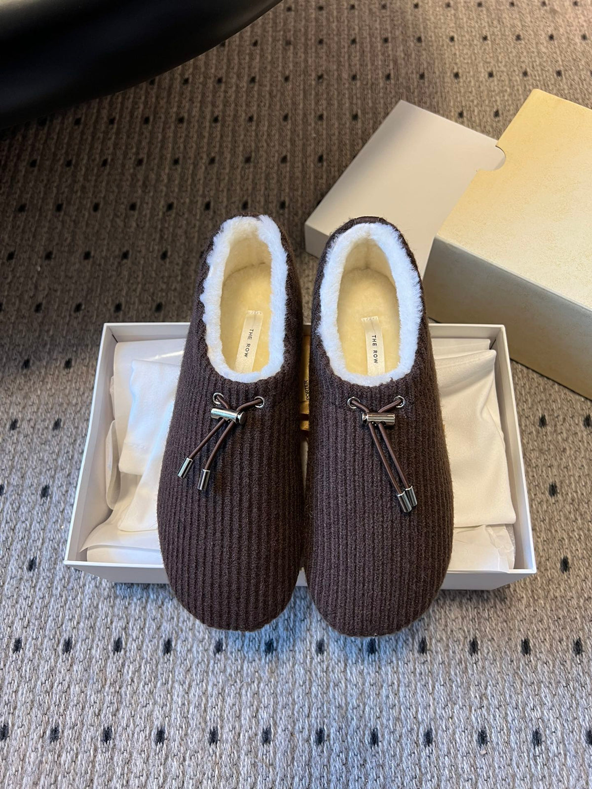 The Row 2025 Striped Furry Slipper Brown White Wool 561637