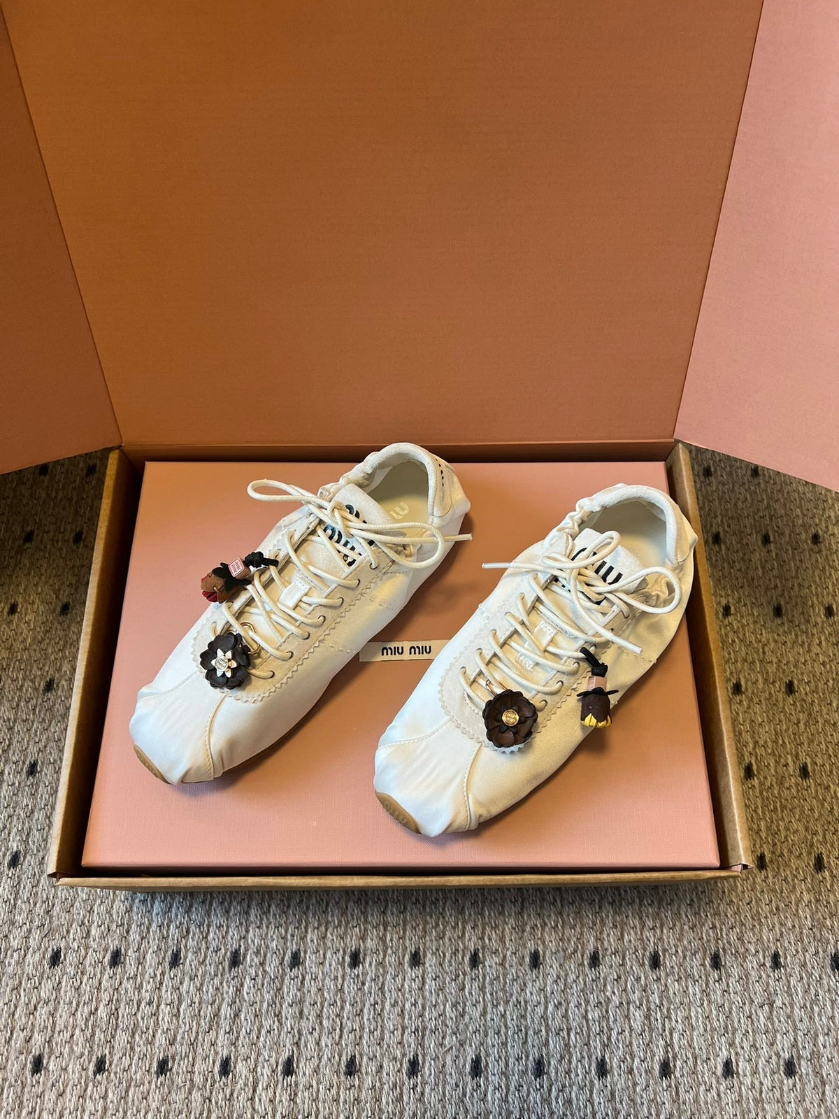 Miu Miu 2026  Plume Sneaker With Floral Charm White Satin 621346