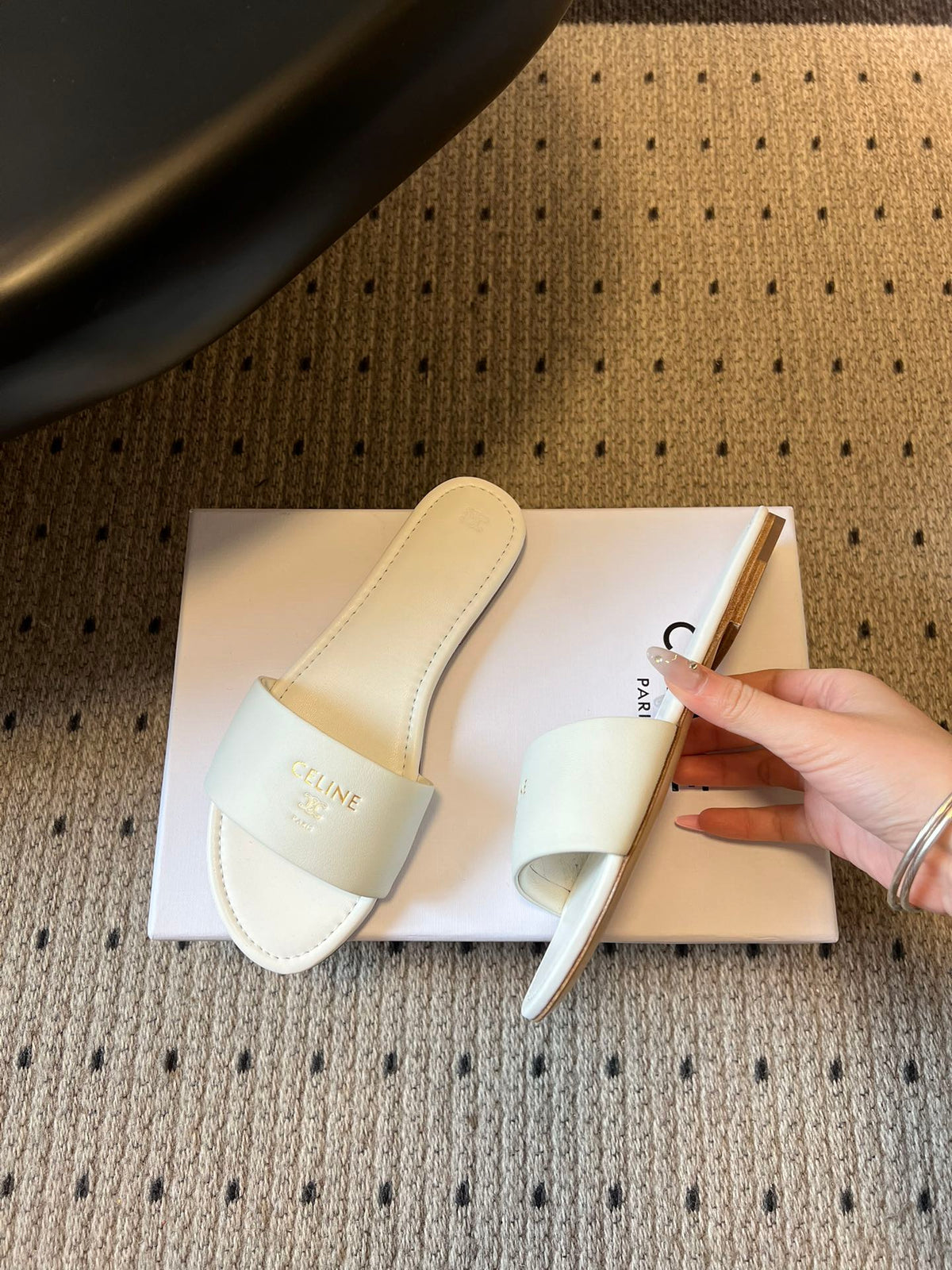 Celine 26  Flat Mule Slippers White Sheepskin 621530