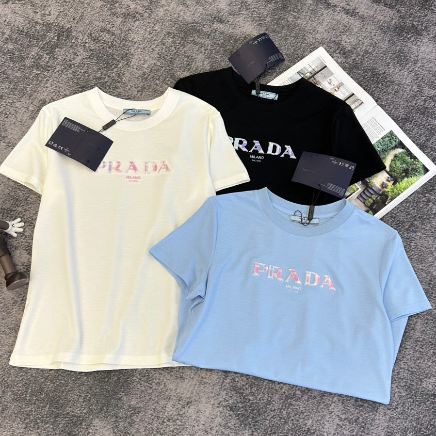Prada 2026 T-shirt Cream Black Blue Cotton 359319