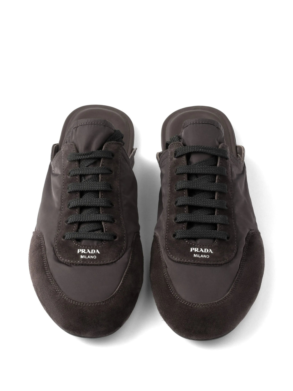 Prada Collapse Mules Brown Black Suede Goatskin