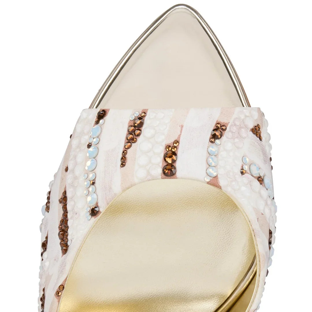 CL 26ss High Heel Mules 100 Ivory Bronze Rhinestones Sheer Fabric