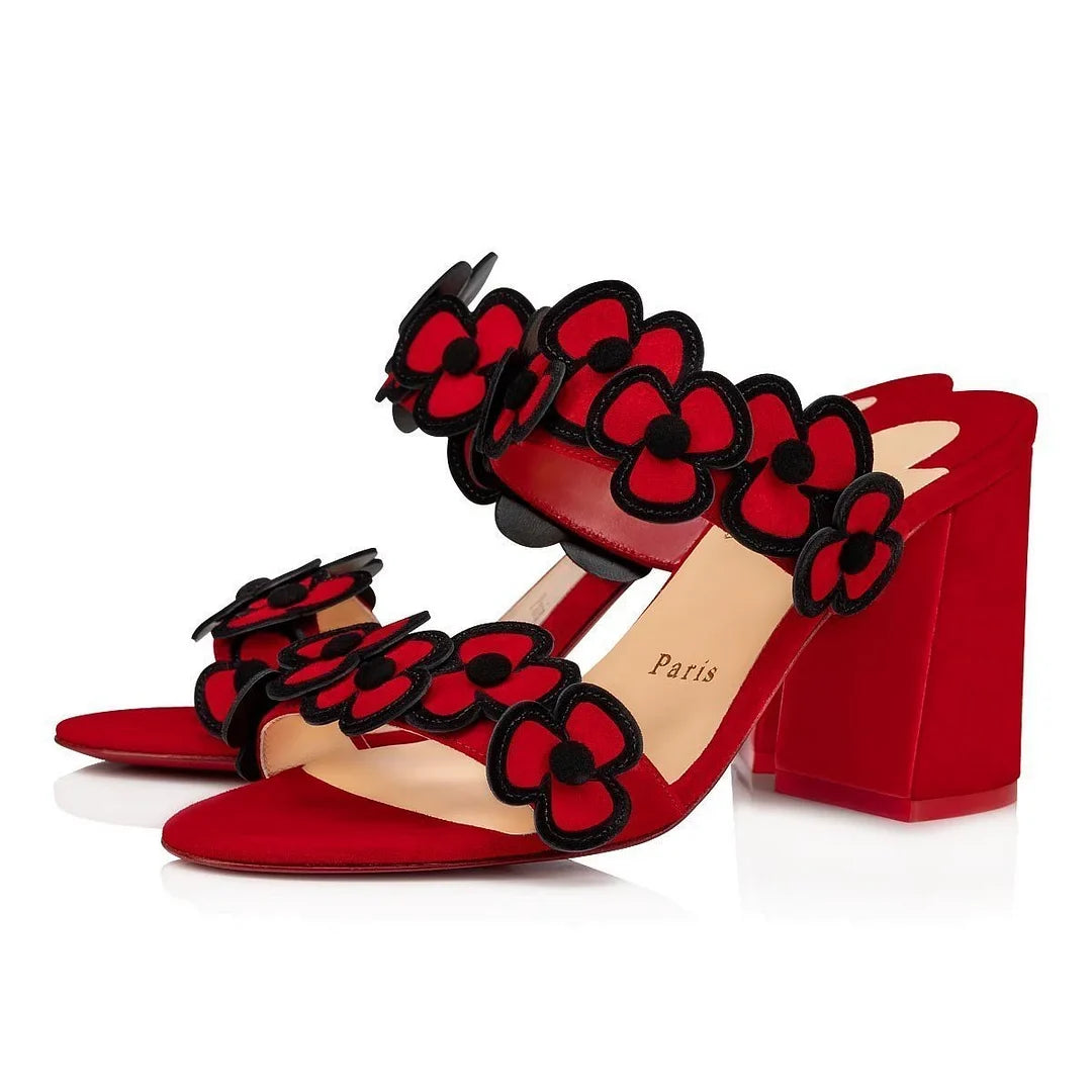 CL 26ss Flowers High Heel Mules 85 Red Beige Suede