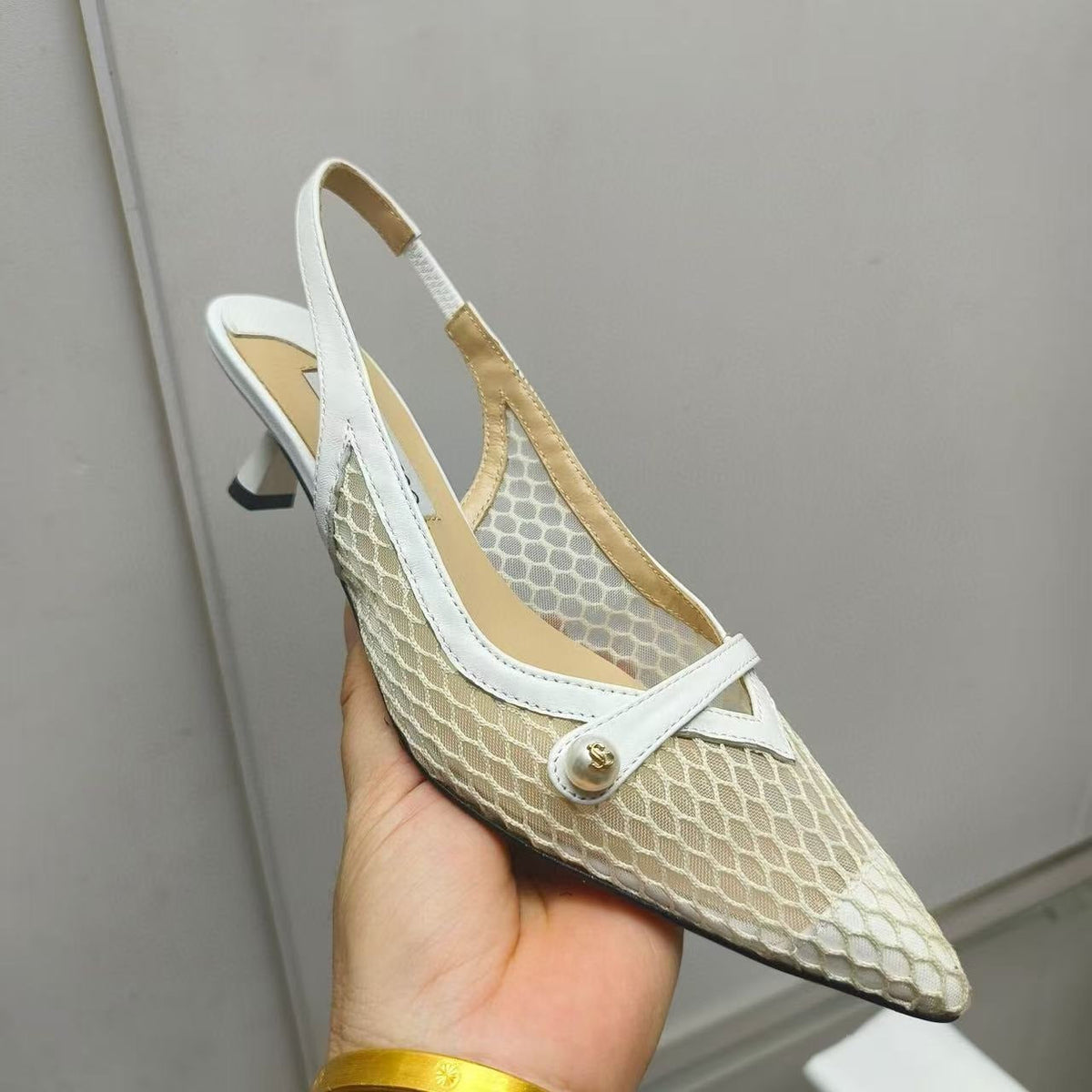 Jimmy Choo Slingback Pum White Beige Heel Mesh and Leather
