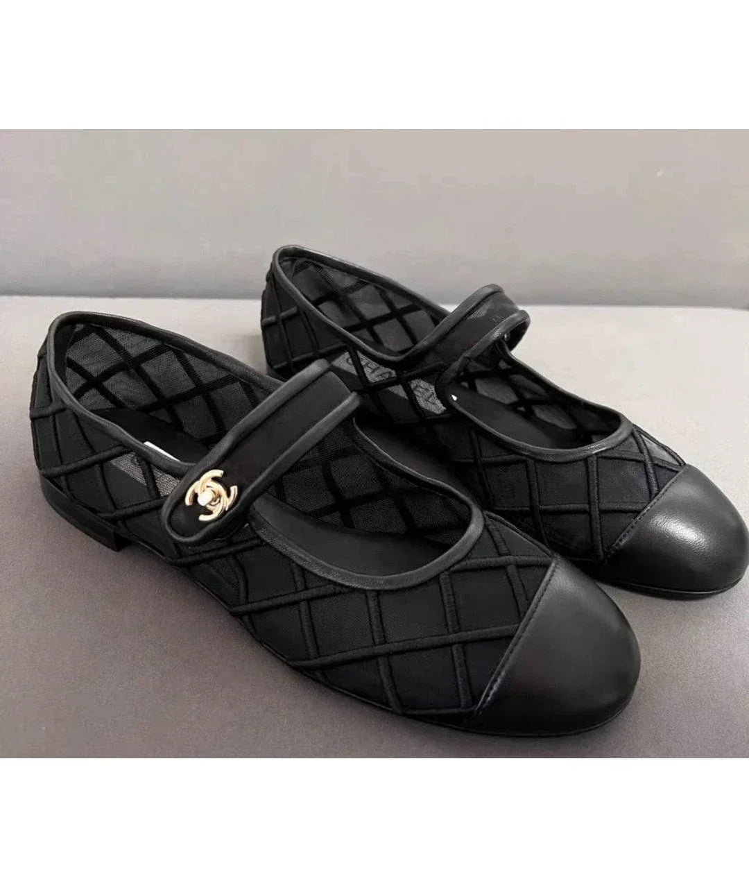 Chanel Mary Janes Flats Black Mesh Leather
