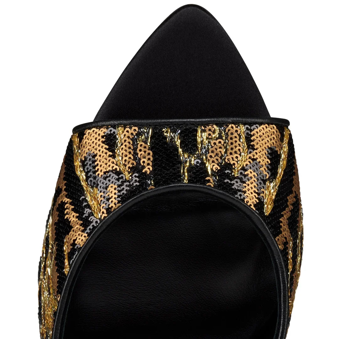 CL 26ss High Heel Mules 100 Black Gold Sequin Fabric Leather