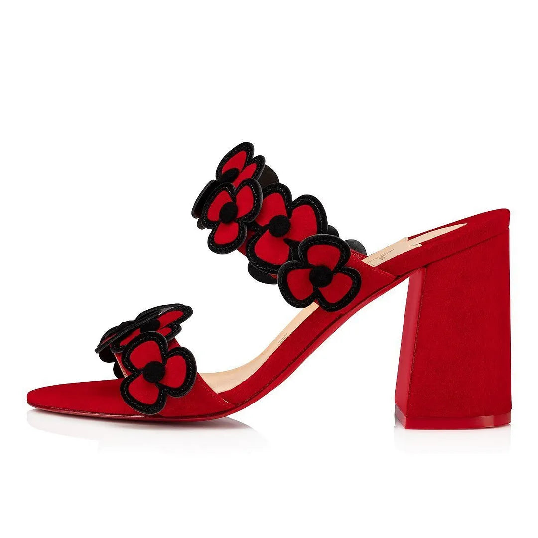 CL 26ss Flowers High Heel Mules 85 Red Beige Suede