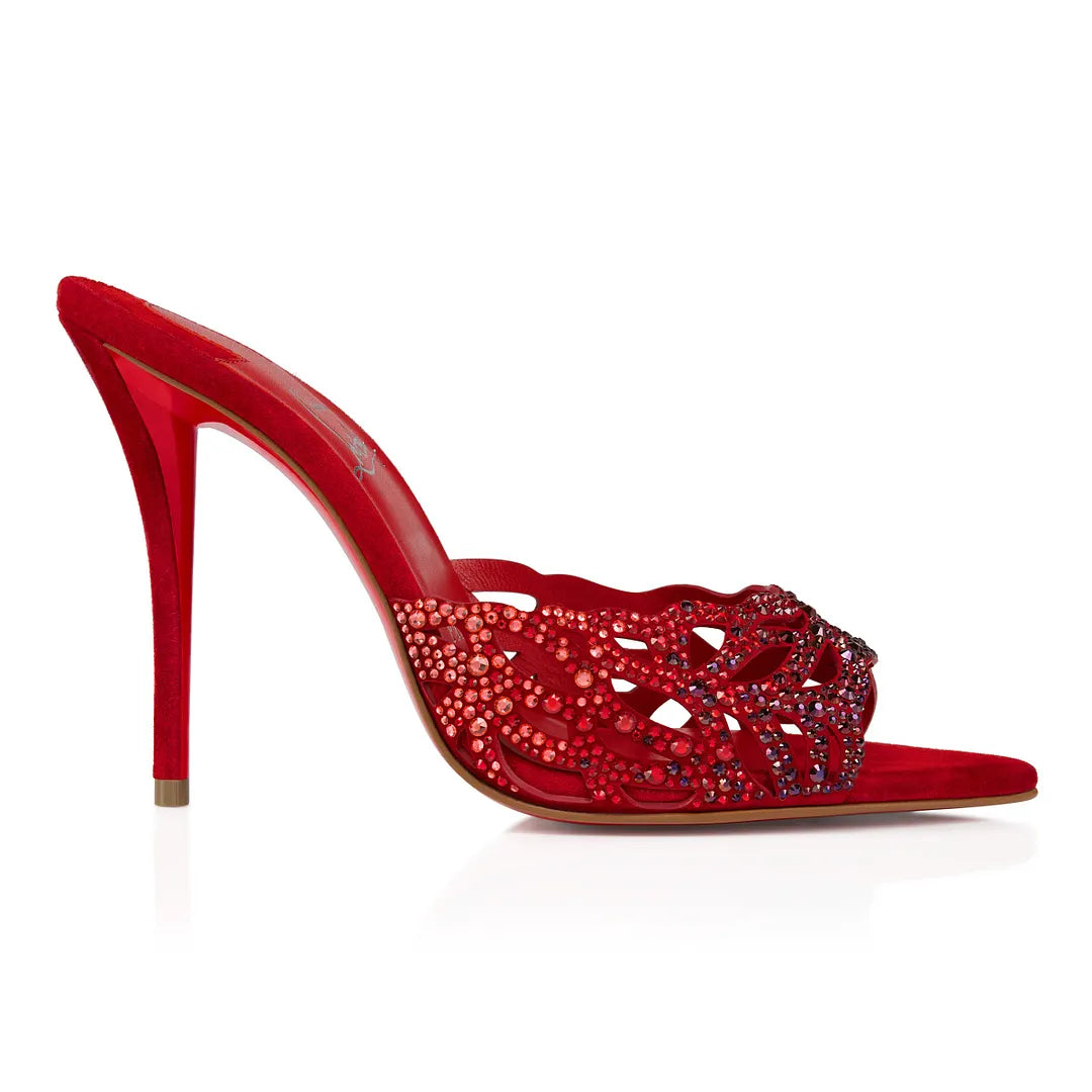 CL 26ss High Heel Mules 100 Red Rhinestones Suede Leather