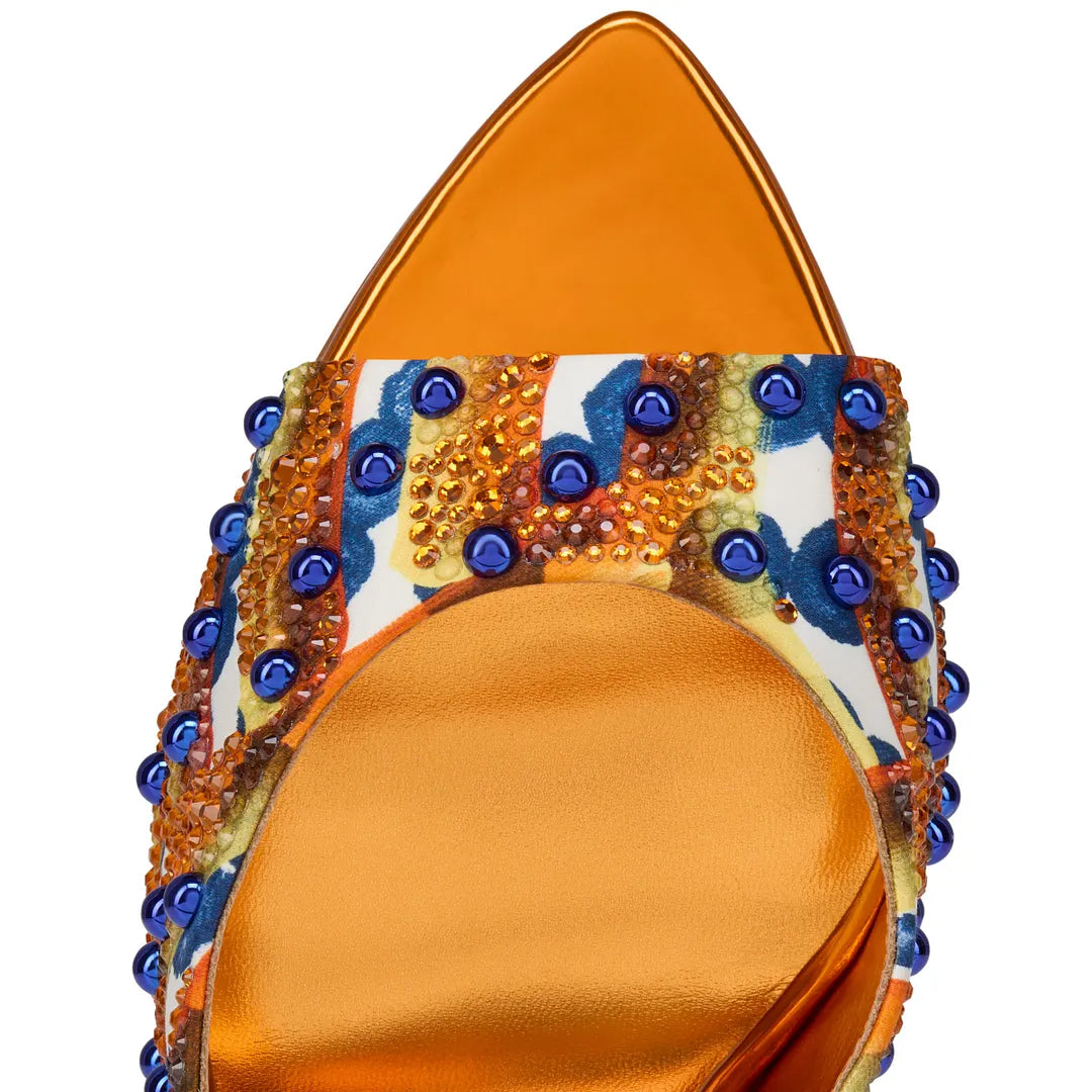 CL 26ss High Heel Mules 100 Metallic Orange Blue Rhinestones Leather