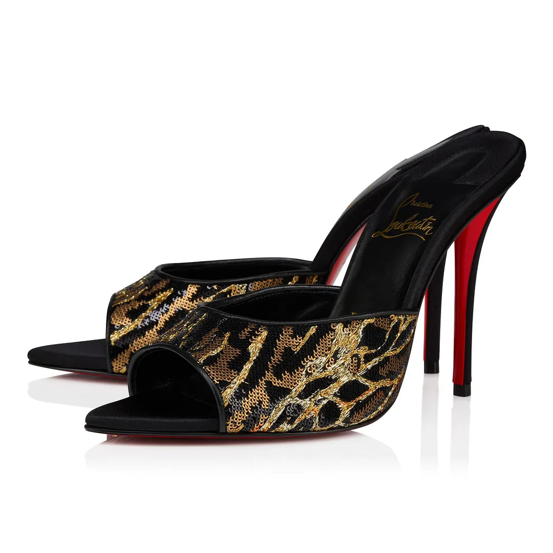 CL 26ss High Heel Mules 100 Black Gold Sequin Fabric Leather