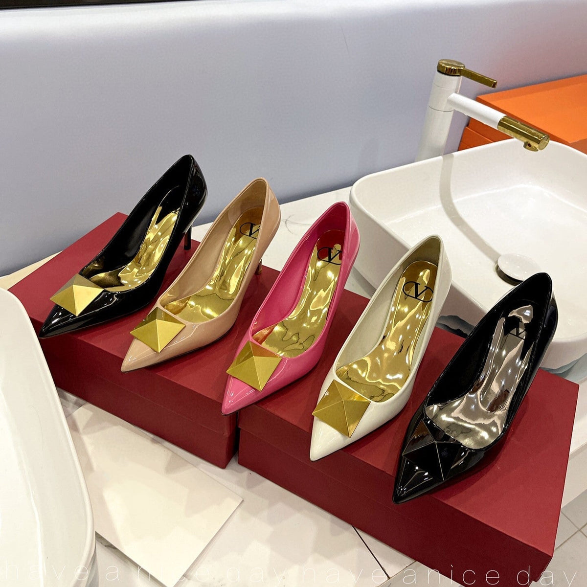 One Stud Gold Patent Pink Leather Pump