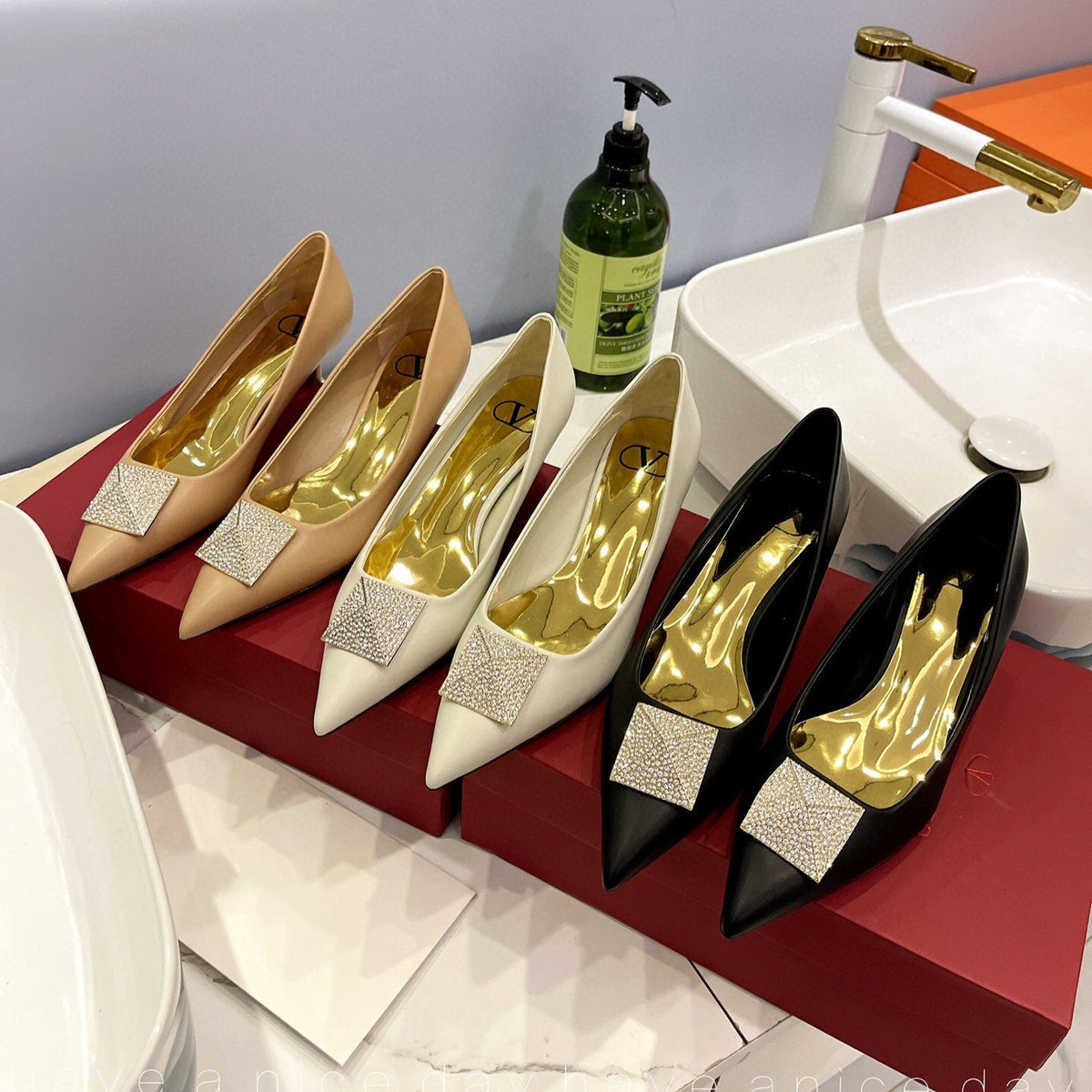 One Stud Diamond Patent White Leather Pump