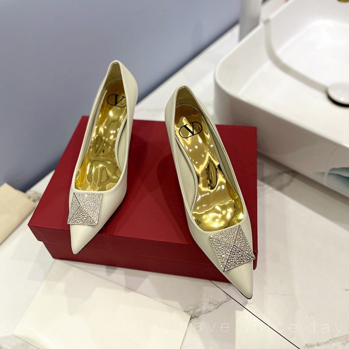 One Stud Diamond Patent White Leather Pump