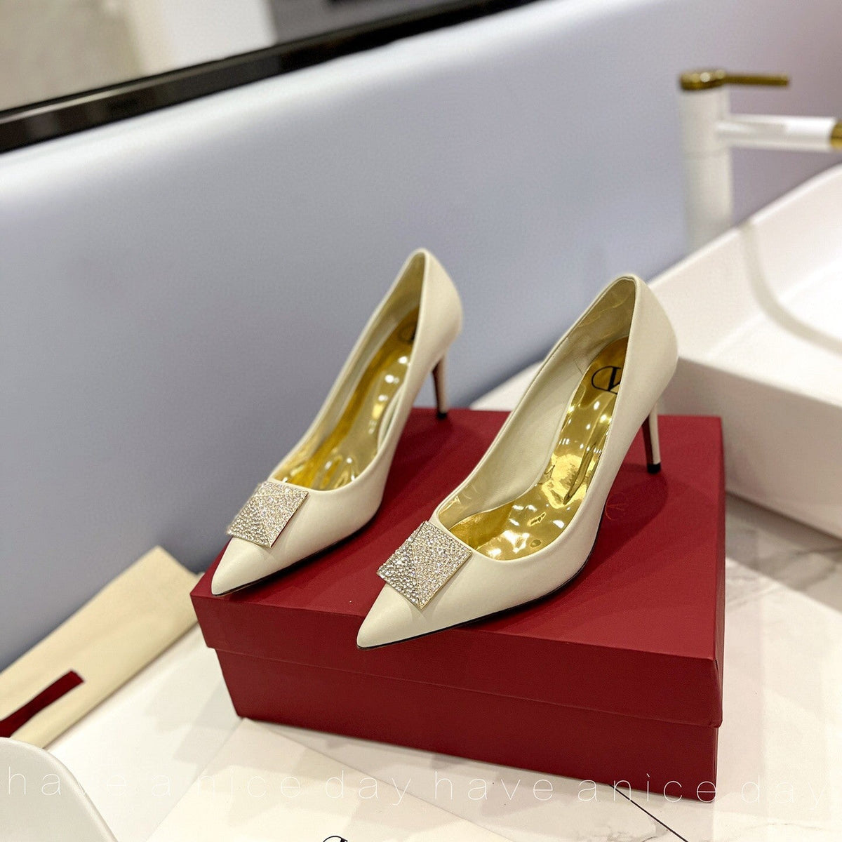 One Stud Diamond Patent White Leather Pump