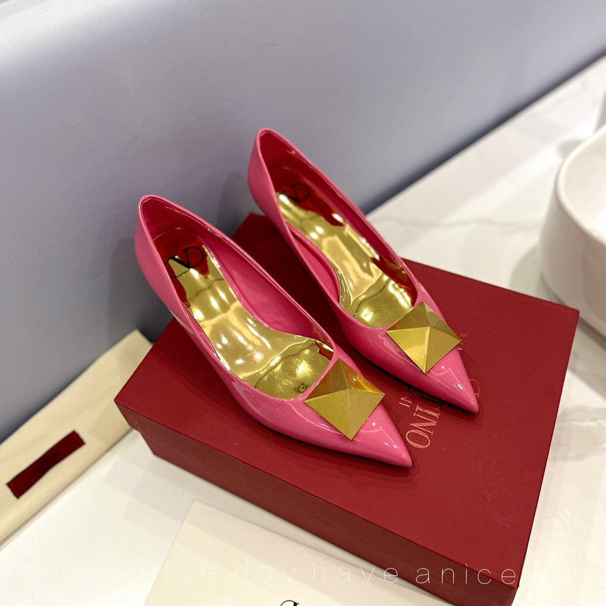 One Stud Gold Patent Pink Leather Pump