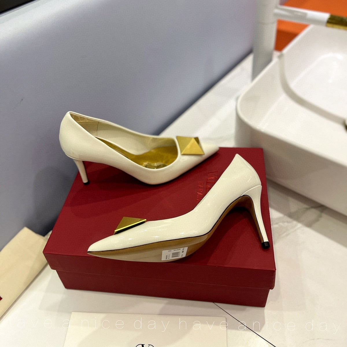 One Stud Gold Patent White Leather Pump